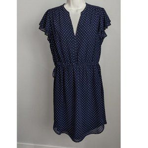 H&M Navy Blue V-neck Polk-A-Dot Midi Dress with Ruffled Sleeves & Tie Waist